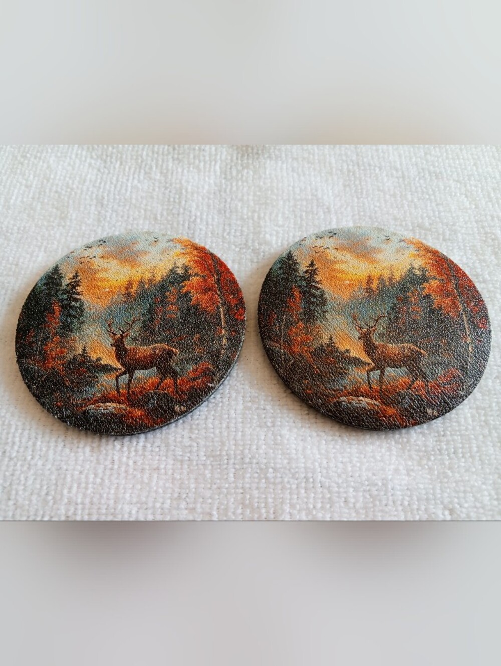 Car Beverage Coasters.  Round Deer Scenic Pair in Autumn Colors